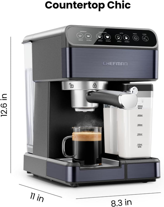 Chefman 20-Bar 2-Cup Espresso Machine with Milk Frother | Black Stainless Office Coffee Bar