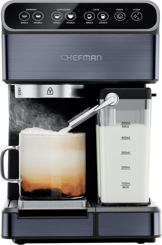 Chefman 20-Bar 2-Cup Espresso Machine with Milk Frother | Black Stainless Office Coffee Bar