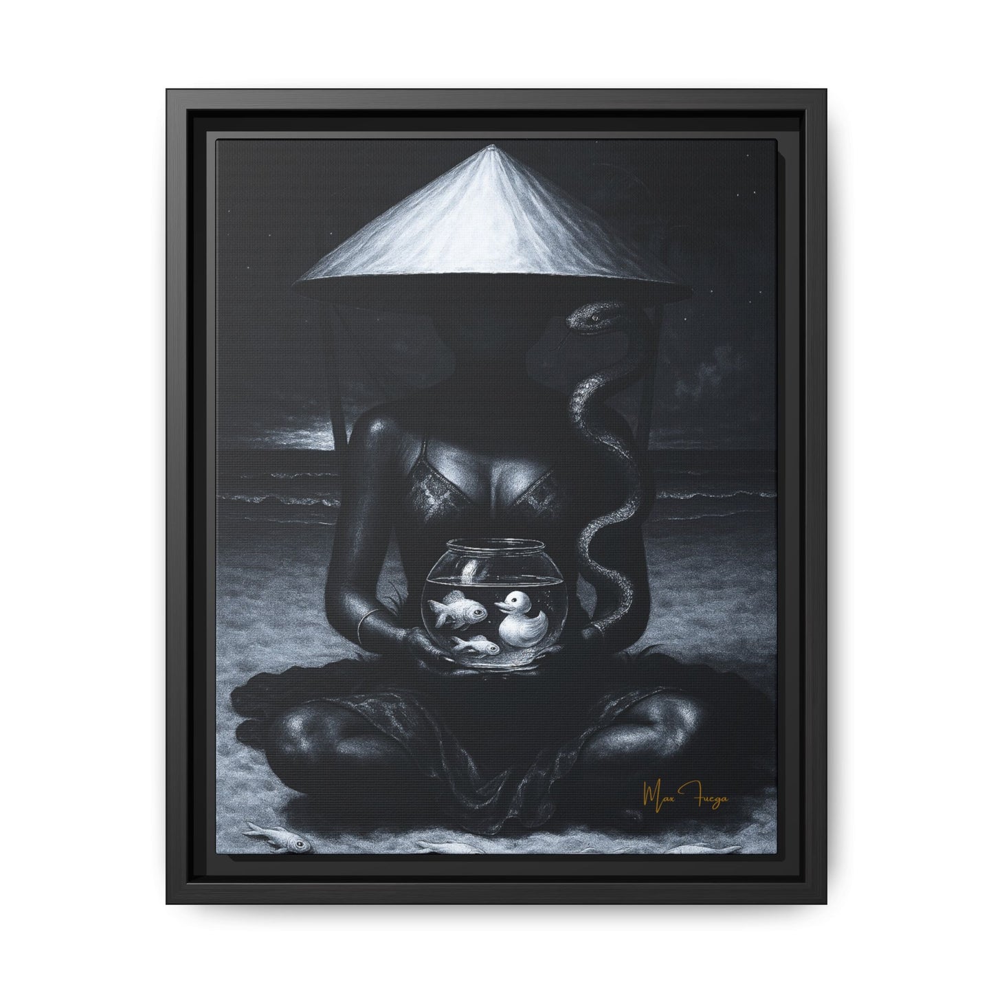 A framed black and white art print depicting a seated figure under a conical hat holding a fishbowl with two small ducks, shown in a black frame against a white background.