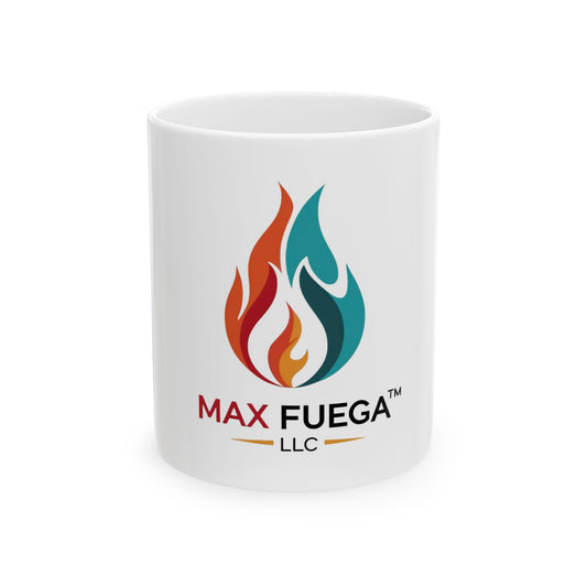 Max Fuega™ LLC Ceramic Mug — Colorful Flame Logo Coffee Cup (11oz & 15oz)