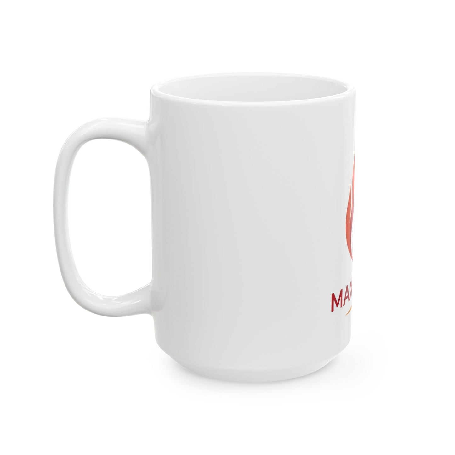 Max Fuega™ LLC Ceramic Mug — Colorful Flame Logo Coffee Cup (11oz & 15oz)