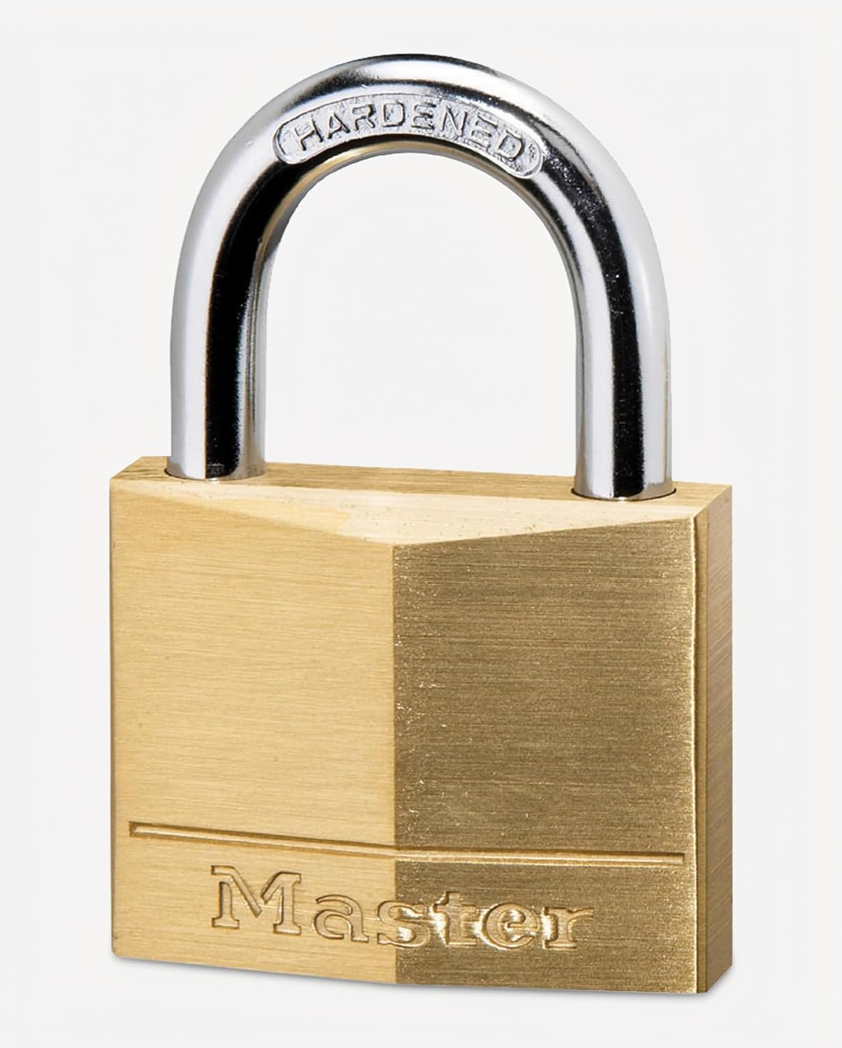 A Master brand padlock with a brushed brass body and a polished chrome shackle, shown on a light gray background. The brand 'Master' is embossed on the bottom of the lock body, and 'HARDENED' is stamped on the shackle.