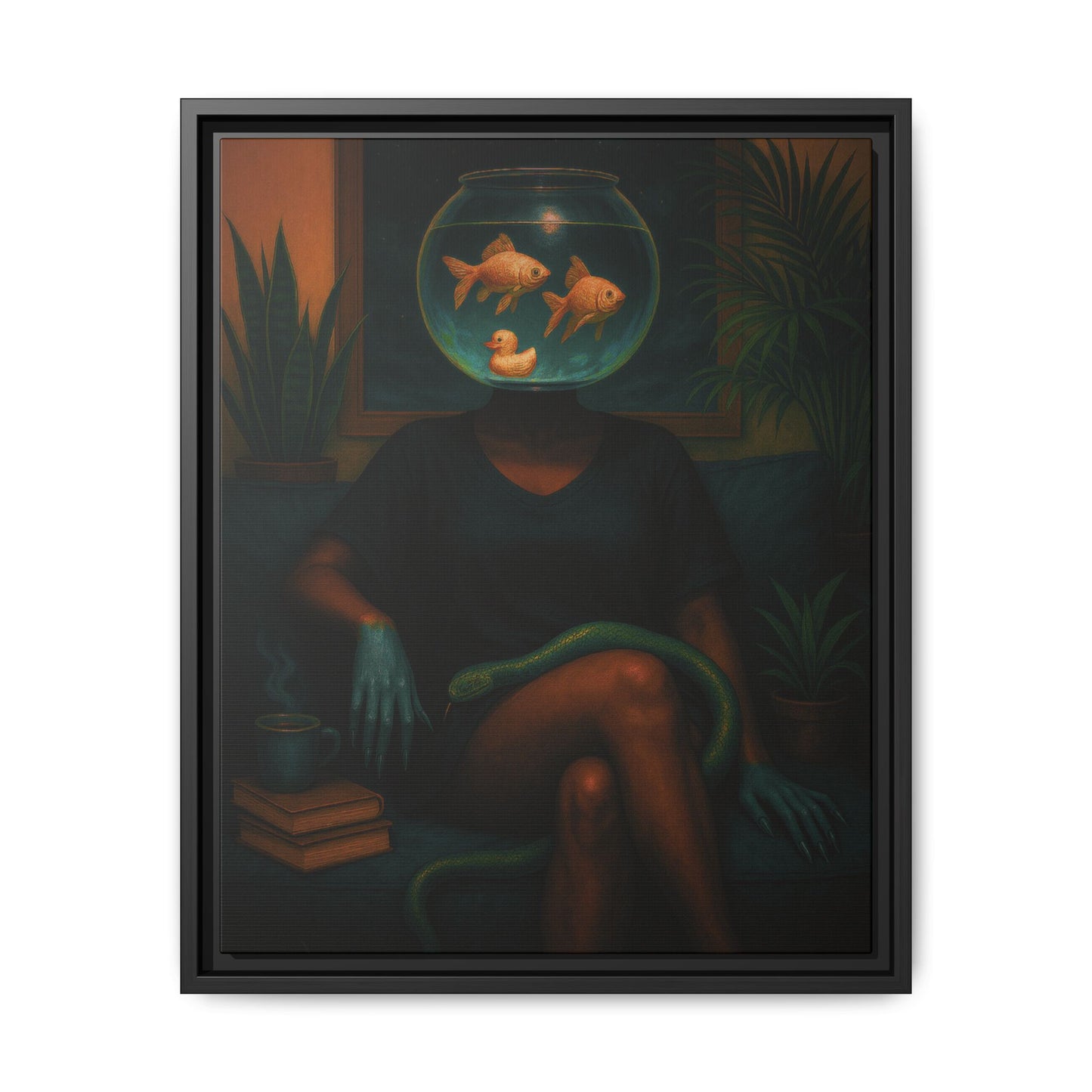 A framed surreal art print depicting a seated figure with a fishbowl for a head, containing two goldfish and a rubber duck, with a green snake draped across the legs, shown against a dark background.