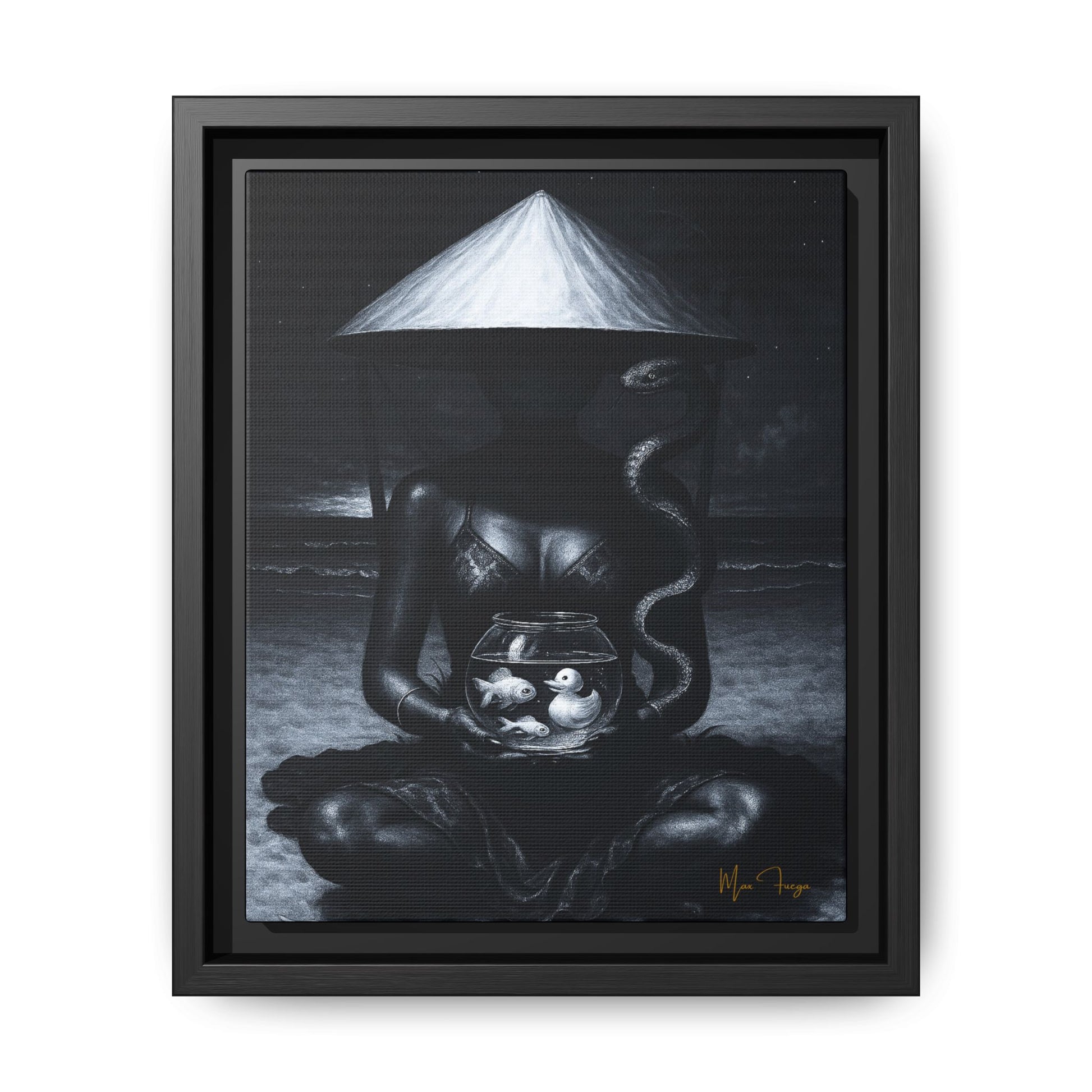 A framed black and white art print featuring a seated figure under a conical hat holding a fishbowl with two small fish, shown in a black frame against a white background.