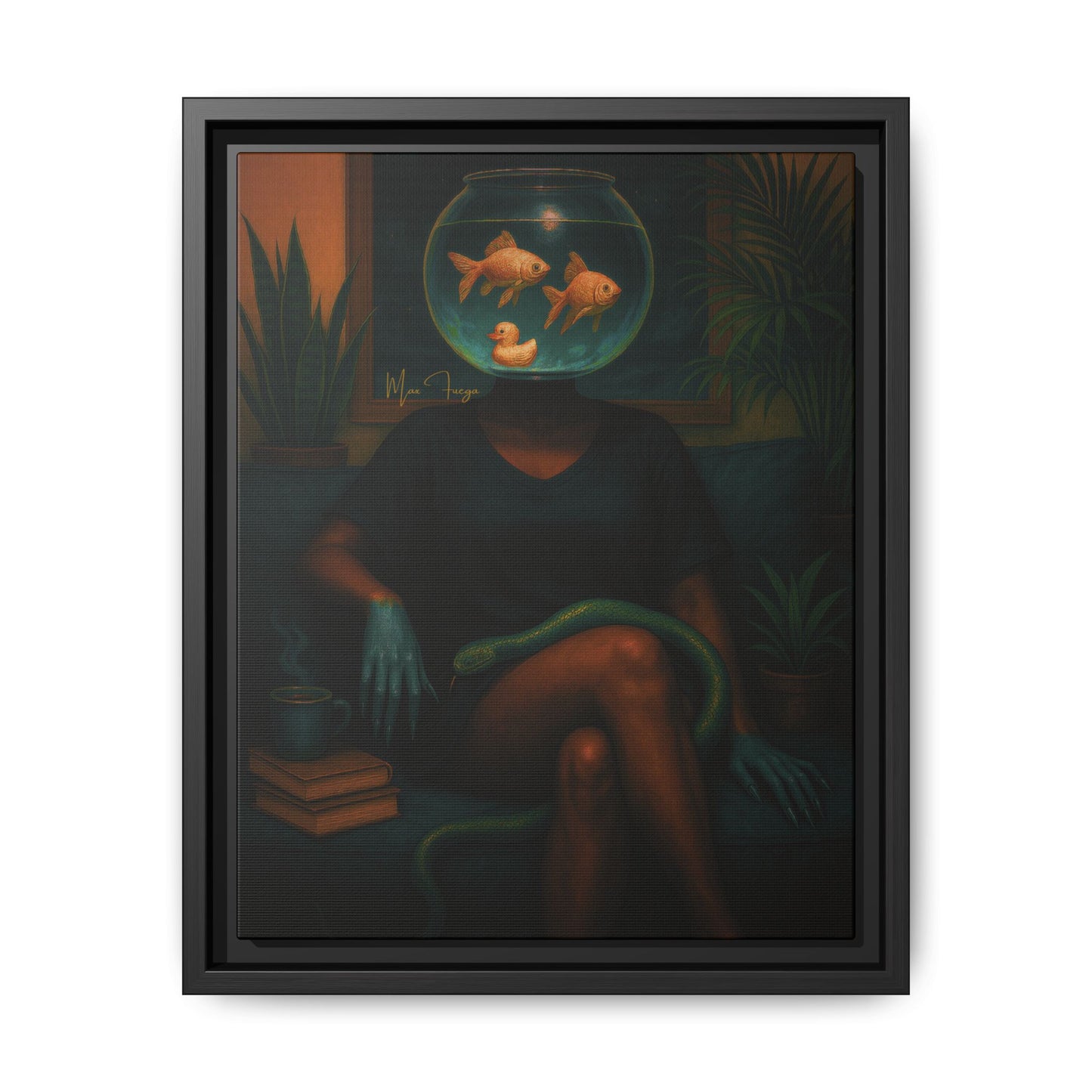 A framed surreal art print depicting a seated figure with a fishbowl for a head, two goldfish, and a green snake around the legs, shown in a black frame against a light gray background.