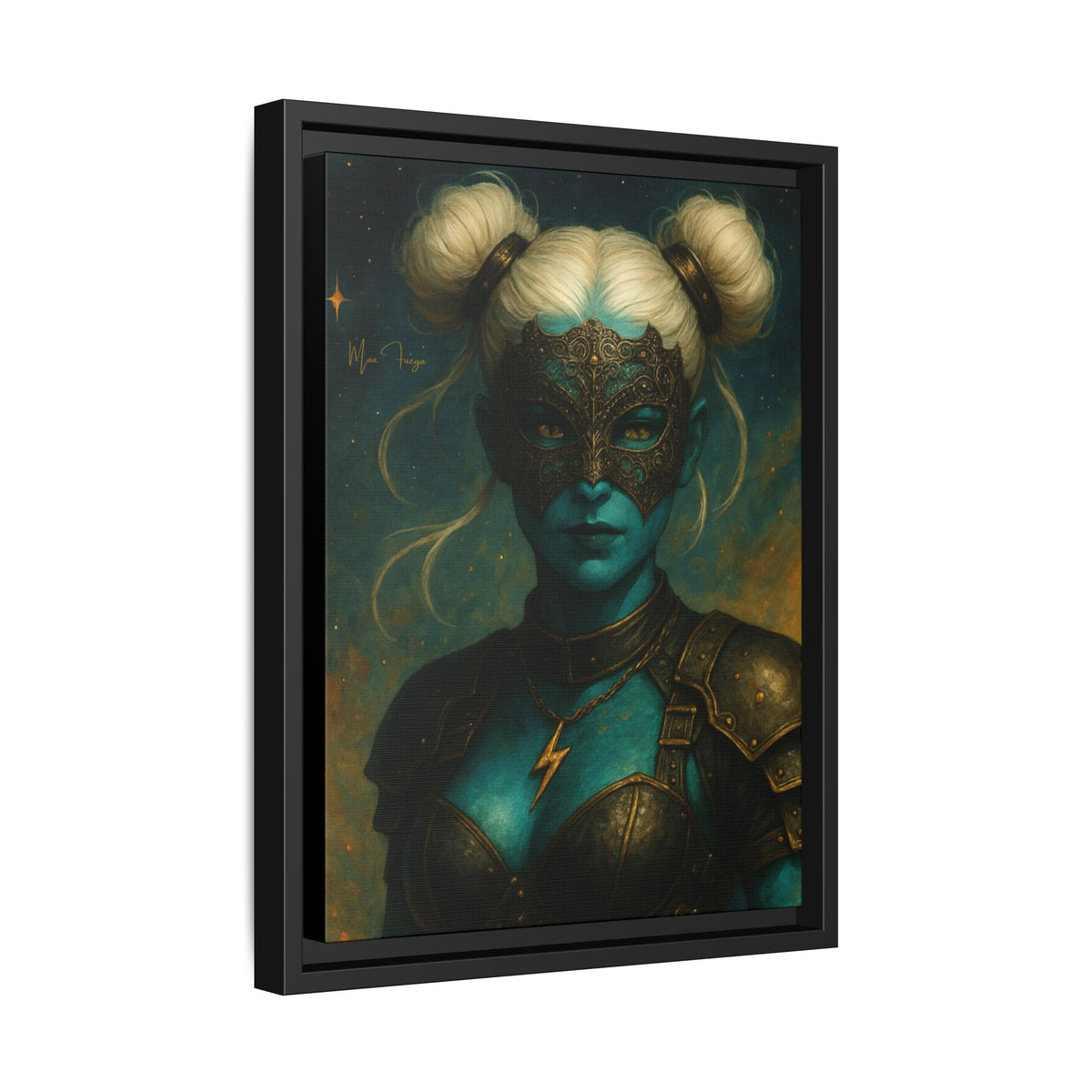 M.F. Steampunk Wall Art | Blue-Green Masked Warrior Queen | Framed Matte Canvas w/ Artist Signature*