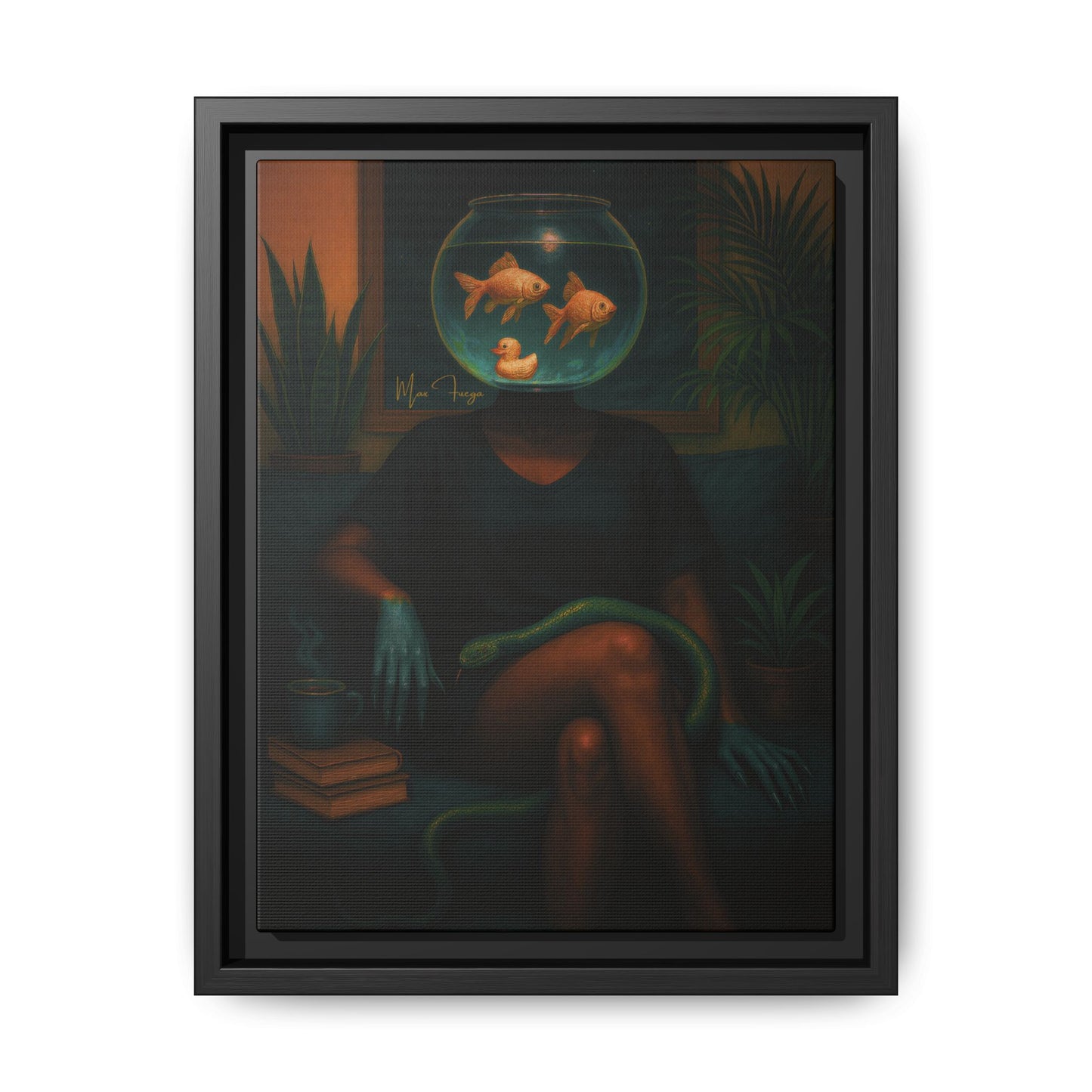 A framed surreal art print depicting a seated figure with a goldfish bowl for a head, with goldfish swimming inside, a green snake draped across the legs, and plants in the background. The artwork is presented in a black frame against a light gray background.
