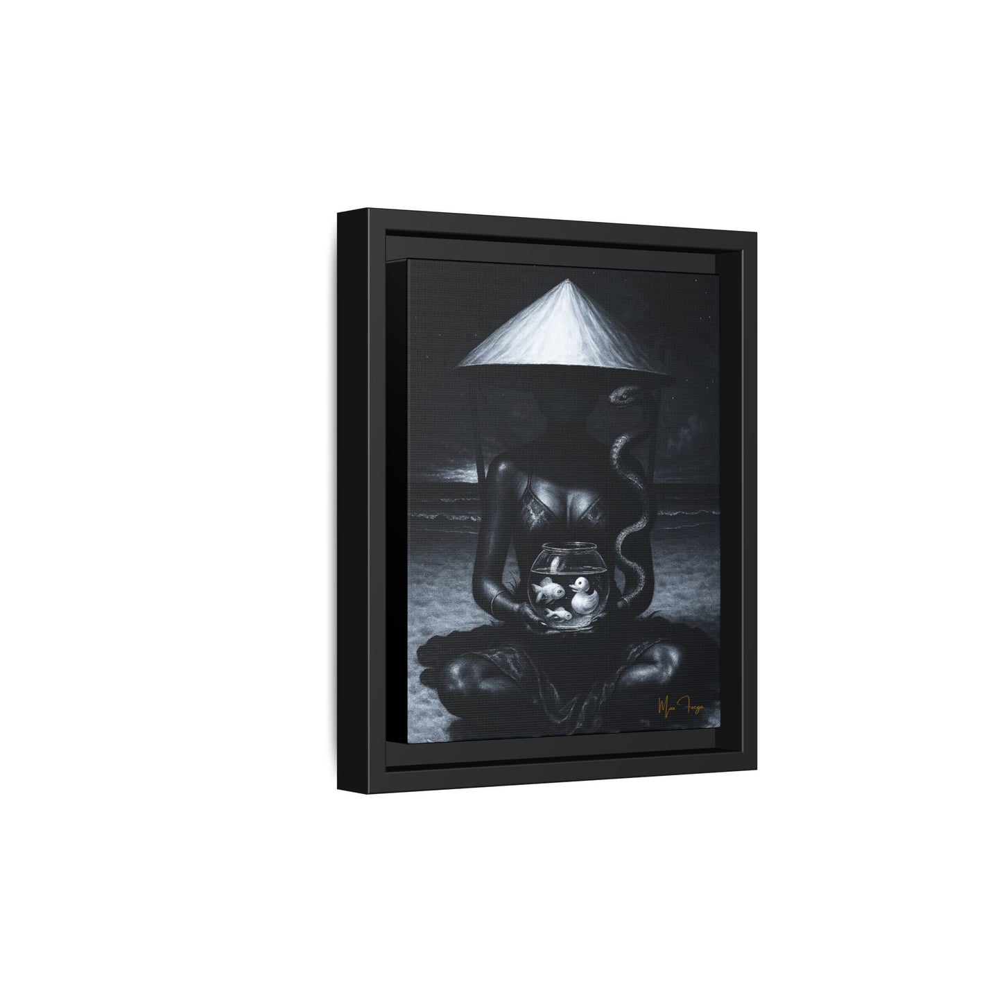 A framed black and white art print featuring a seated figure holding a glowing lantern under a conical hat, shown in a black floating frame against a white background.