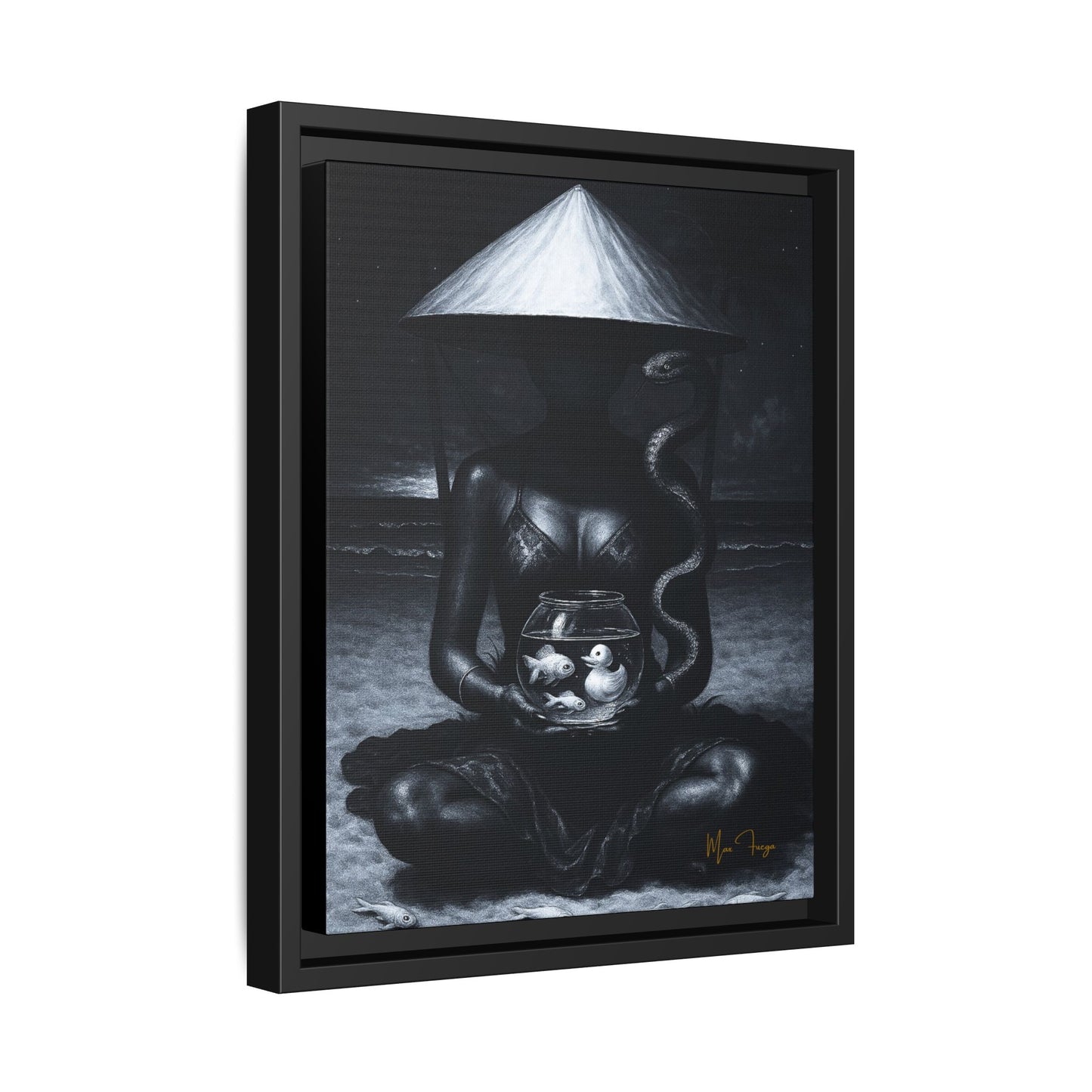 A framed black and white art print featuring a seated figure under a conical hat holding a fishbowl, with a snake around the neck, shown in a black frame against a white background.