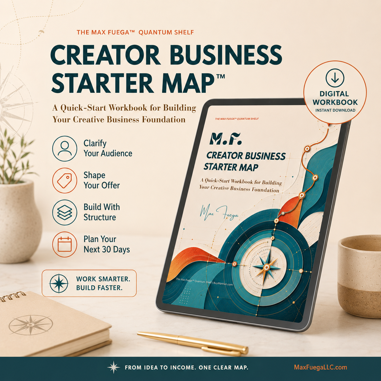 Promotional graphic for the Creator Business Starter Map digital workbook, shown on a tablet screen with marketing text, icons, and a styled desk background including a notebook, pen, and cup.