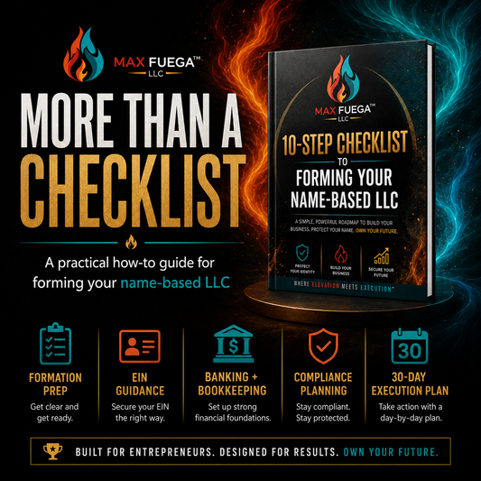 Promotional graphic for a name-based LLC checklist guide by Max Fuego LLC, showing a book cover on a pedestal with fiery orange and blue effects, plus large text reading 'MORE THAN A CHECKLIST' and feature icons along the bottom.